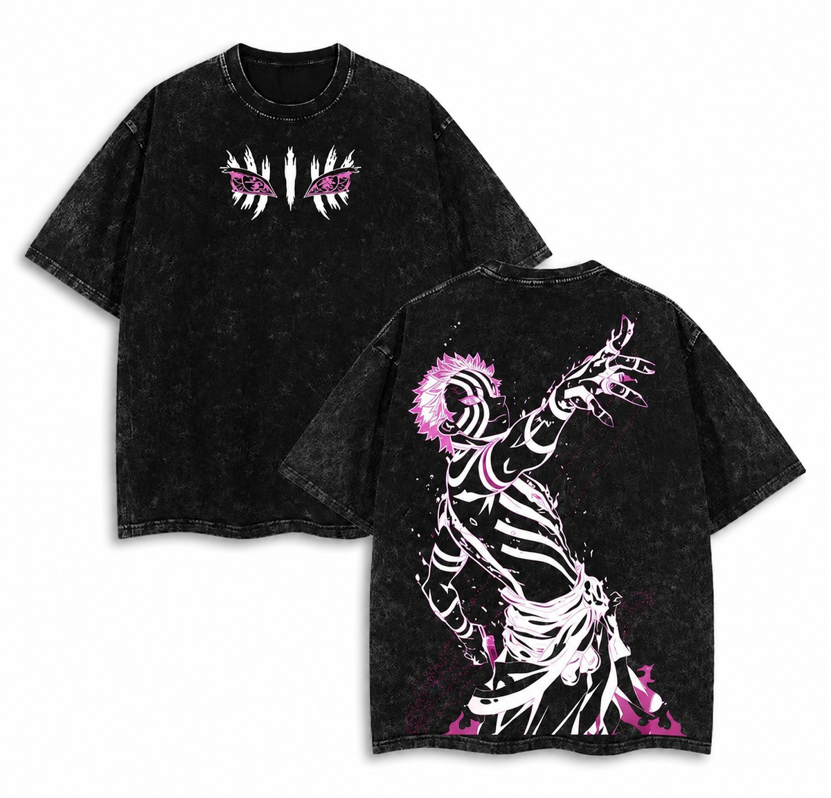 American-style acid-washed distressed Demon Slayer Akaza demon eye print short-sleeved T-shirt, heavyweight retro wash, oversized, unisex anime T-shirt.
