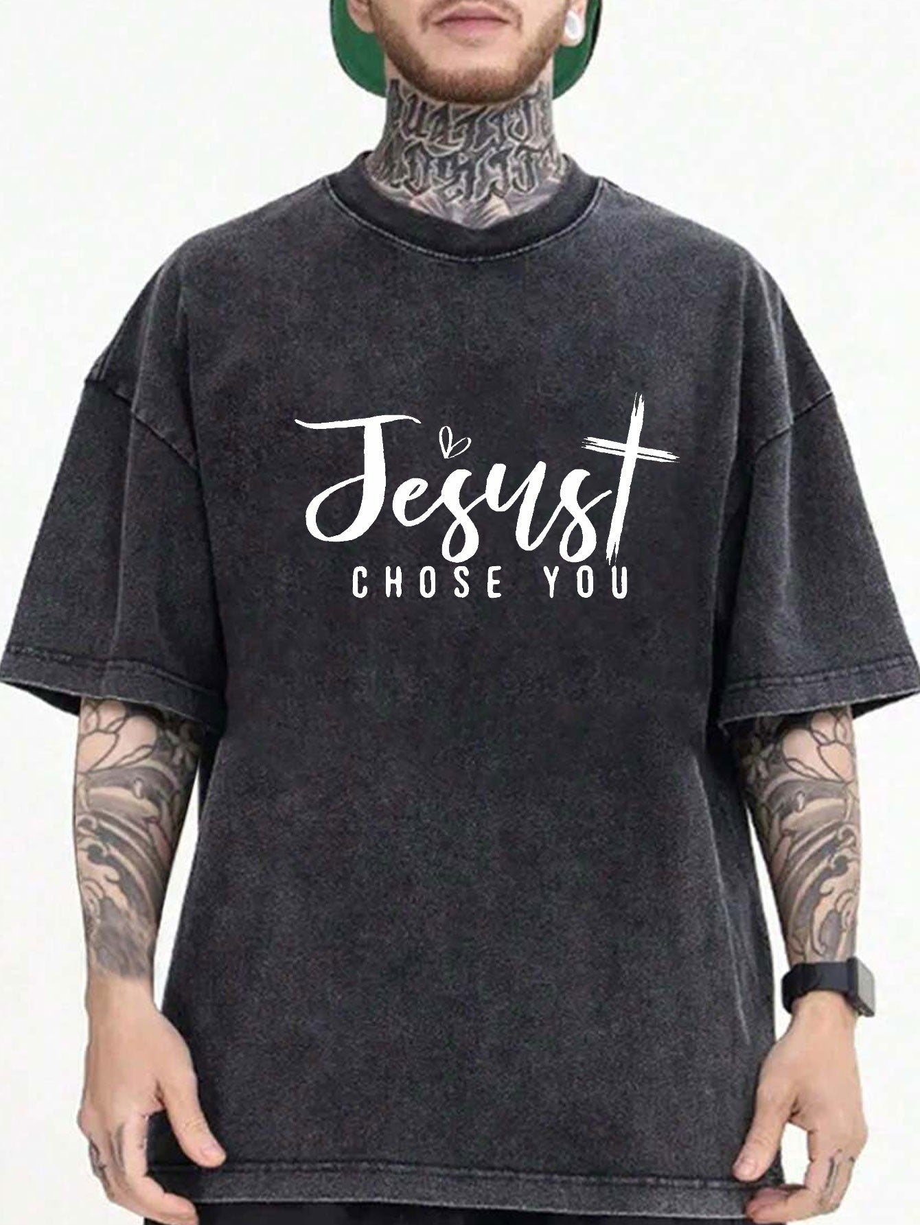 Men'S Oversized Black Washed T-Shirt with " Chose You" Cursive Lettering - Soft Loose Fit Casual Christian Graphic Tee for Casual Attire, All-Season & Easy Care Round Neck Design
