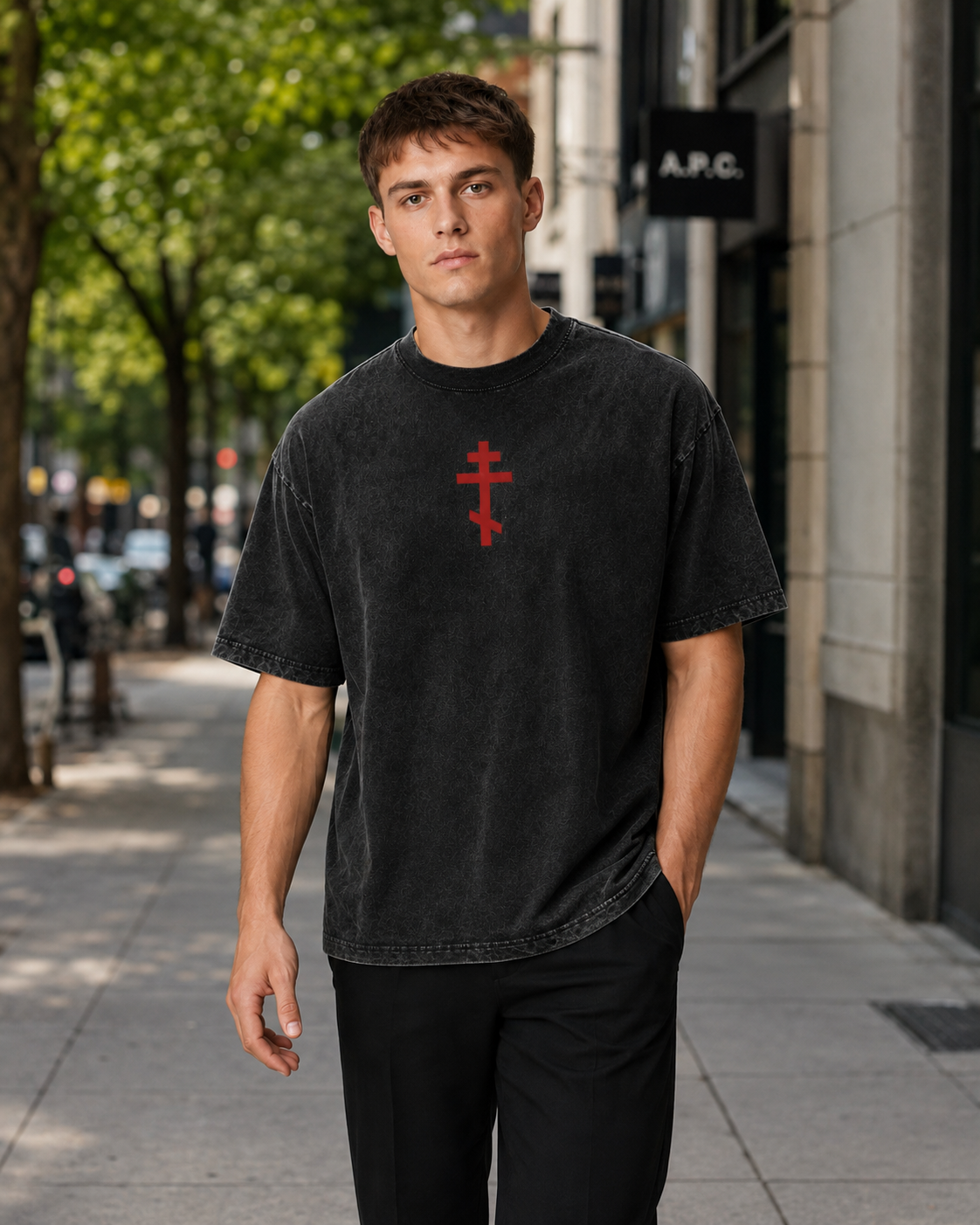 Vintage-Washed Short-Sleeve T-Shirt | "Twelve Holy Martyrs" Cross – Dark Religious Motif – Double-Sided Print – Oversized Unisex Fit