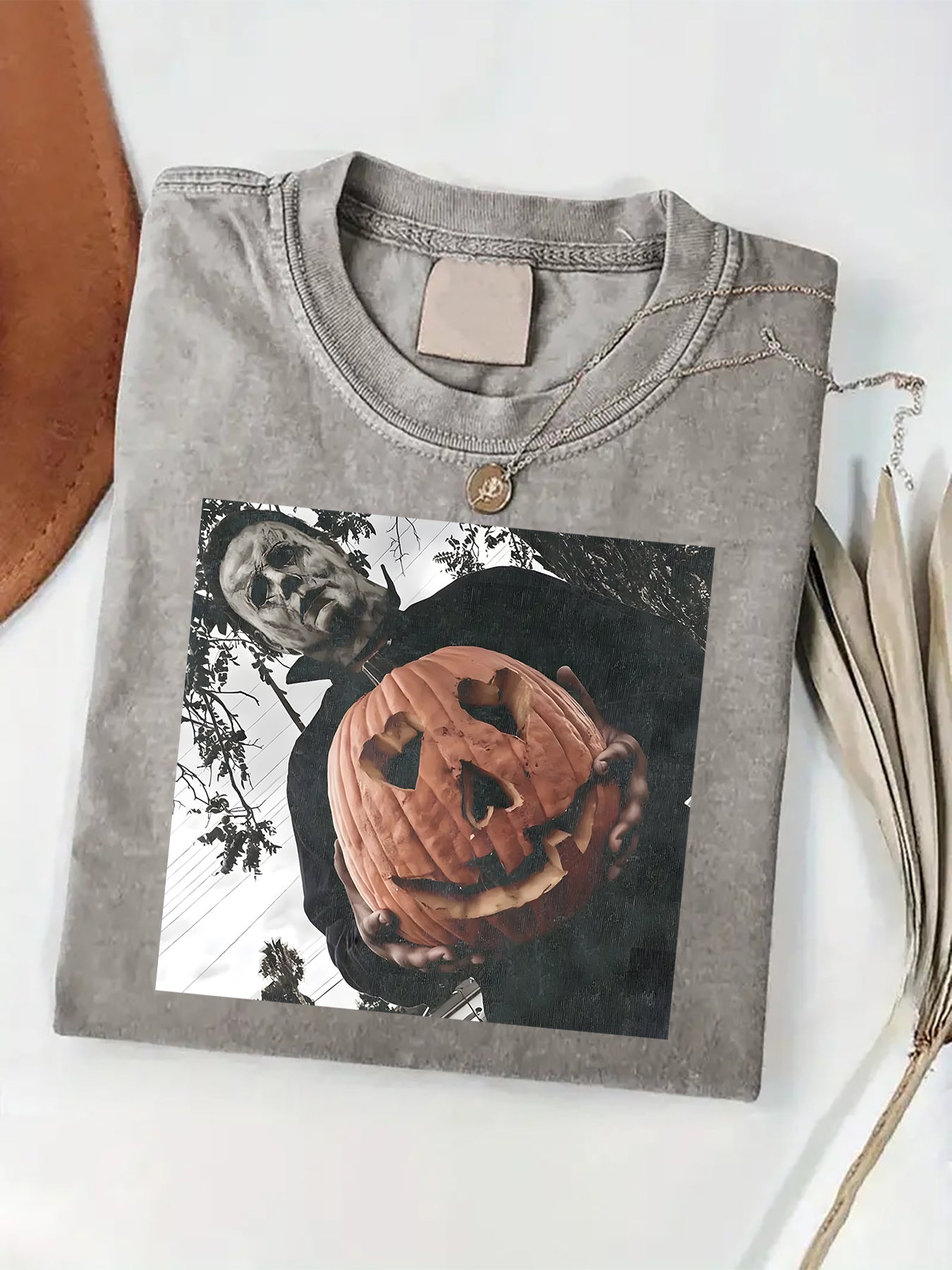 Men'S Heavyweight 230gsm Vintage Washed Batik T-Shirt - Halloween Pumpkin & Jack-O'-Lantern Print, Round Neck Casual Tee for Year-Round Wear, Spooky Season Outfits & Everyday (Machine Washable) - Adult Men'S Fashion Apparel