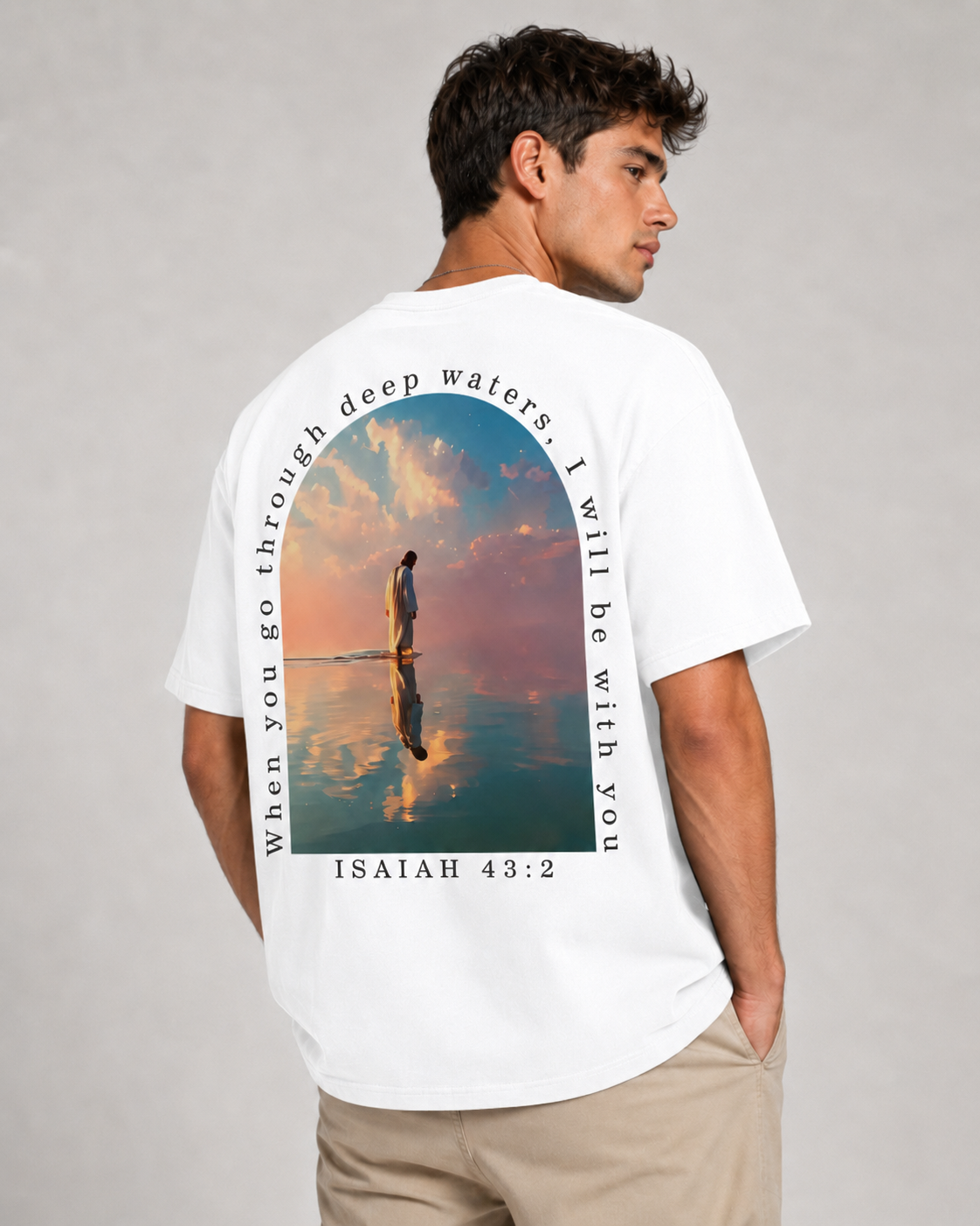 American Retro Faith-Themed T-Shirt – Double-Sided Print (Jesus Walking on Water) – High-Street Style Top