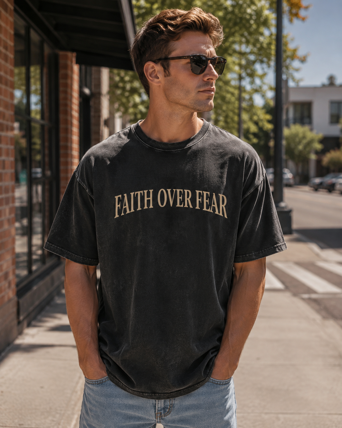 Vintage Stonewashed Faith Text Thorn Crown Cross Short-Sleeve Top, High Street Heavyweight Cotton Drop-Shoulder Religious Style Casual Short-Sleeve Top