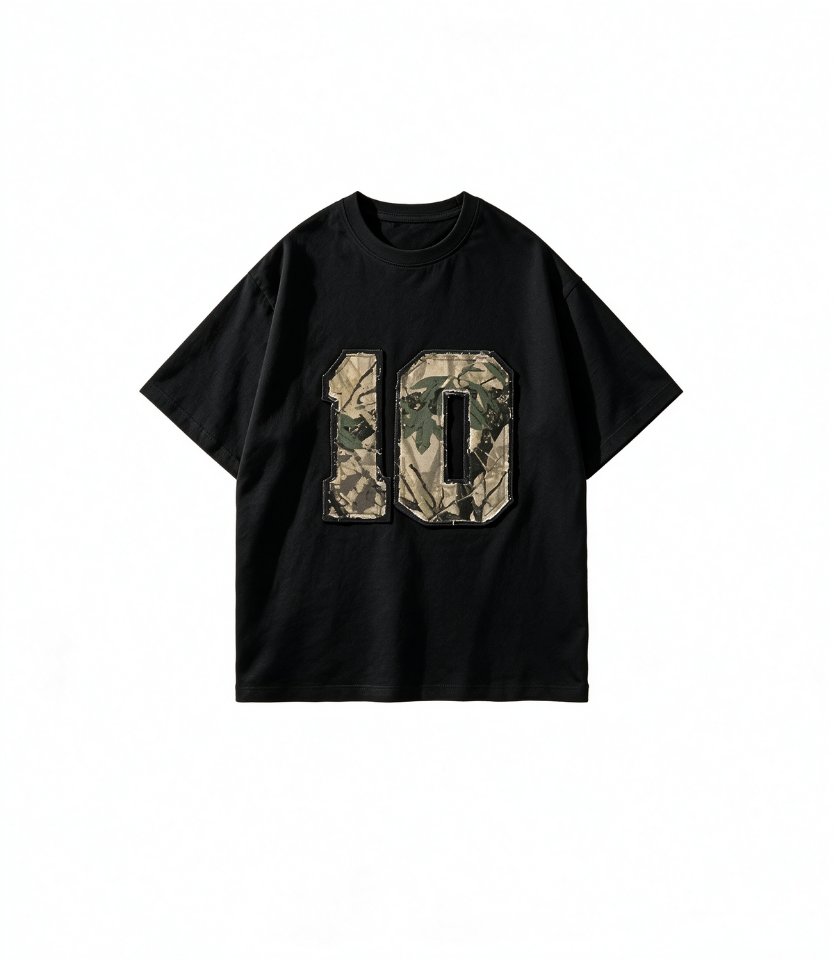 American Vintage-Style Oversized Heavyweight Cotton T-Shirt – Distressed Patchwork & "10" Graphic (Unisex)