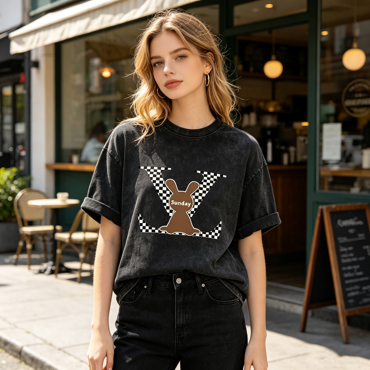 Women's cropped short-sleeve T-shirt with a vintage washed finish, featuring a checkerboard rabbit and "Sunday" letter print—a sweet-yet-edgy crew-neck top.
