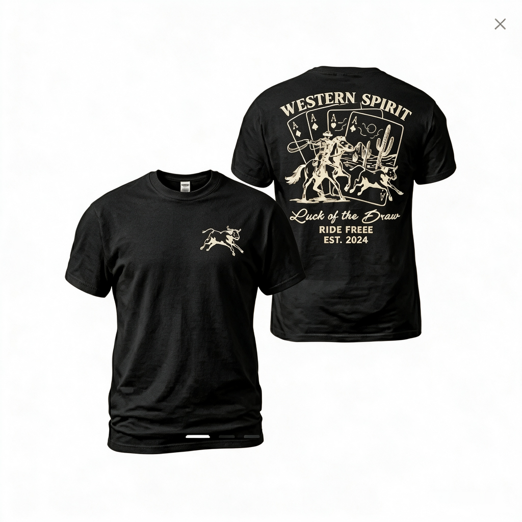 Western Spirit Women's Short-Sleeve Cotton T-Shirt – Double-Sided Print (Playing Cards & Cactus / Vintage Western Style)