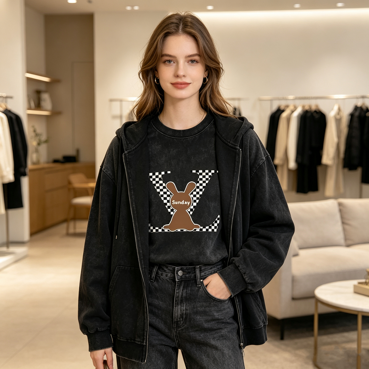 Women's cropped short-sleeve T-shirt with a vintage washed finish, featuring a checkerboard rabbit and "Sunday" letter print—a sweet-yet-edgy crew-neck top.