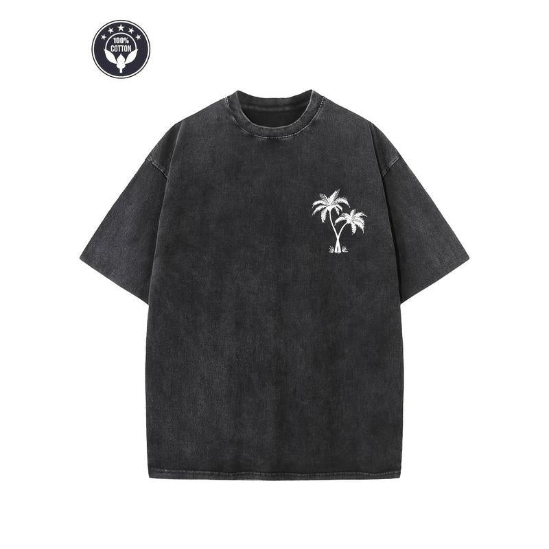 Holafish "Coconut Tree LOGO" Creative Pattern Printing Heavy 230g Pure Cotton Oversized Drop Shoulder T-shirt Washed T-shirt Men's Retro Street T-shirt Basic T-shirt Loose Hip-hop Unisex Top Acid Wash T-shirt