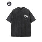Holafish "Coconut Tree LOGO" Creative Pattern Printing Heavy 230g Pure Cotton Oversized Drop Shoulder T-shirt Washed T-shirt Men's Retro Street T-shirt Basic T-shirt Loose Hip-hop Unisex Top Acid Wash T-shirt