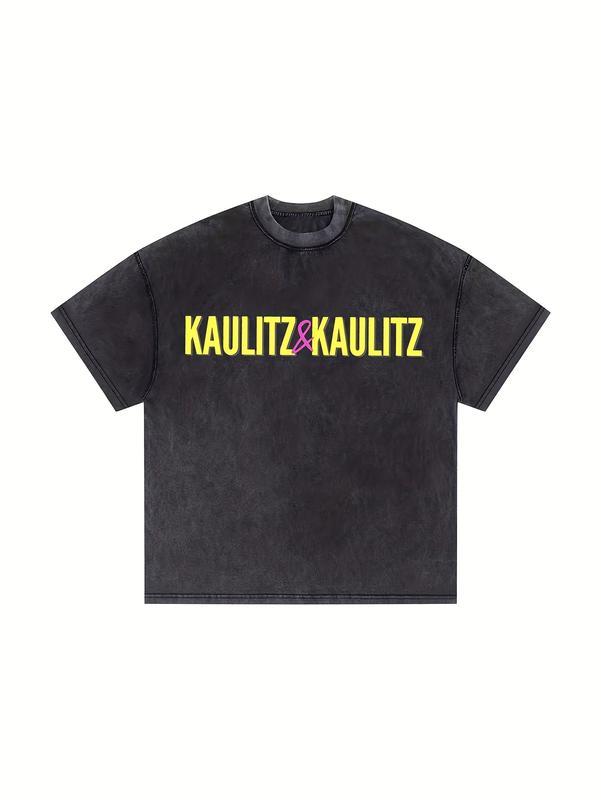 Couples Retro Washed Print T Shirt with Bold Text Design Yellow and Pink Lettering Crew Neck Short Sleeve Regular Length Straight Hem Graphic Tee