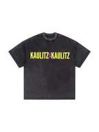 Couples Retro Washed Print T Shirt with Bold Text Design Yellow and Pink Lettering Crew Neck Short Sleeve Regular Length Straight Hem Graphic Tee
