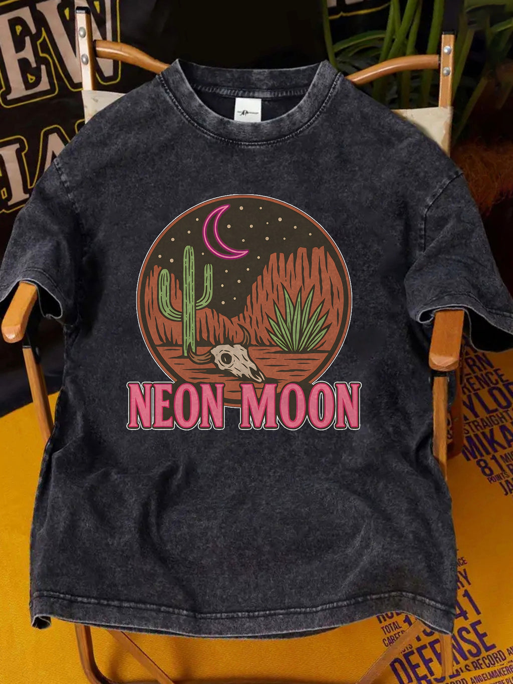Men's Vintage Washed Cotton T-Shirt with Neon Moon & Desert Cactus Print - Loose Fit Streetwear Style Summer Casual Top, Round Neck Black Shirt with Neon / Nightout Design, Durable for all-Season Urban Fashion