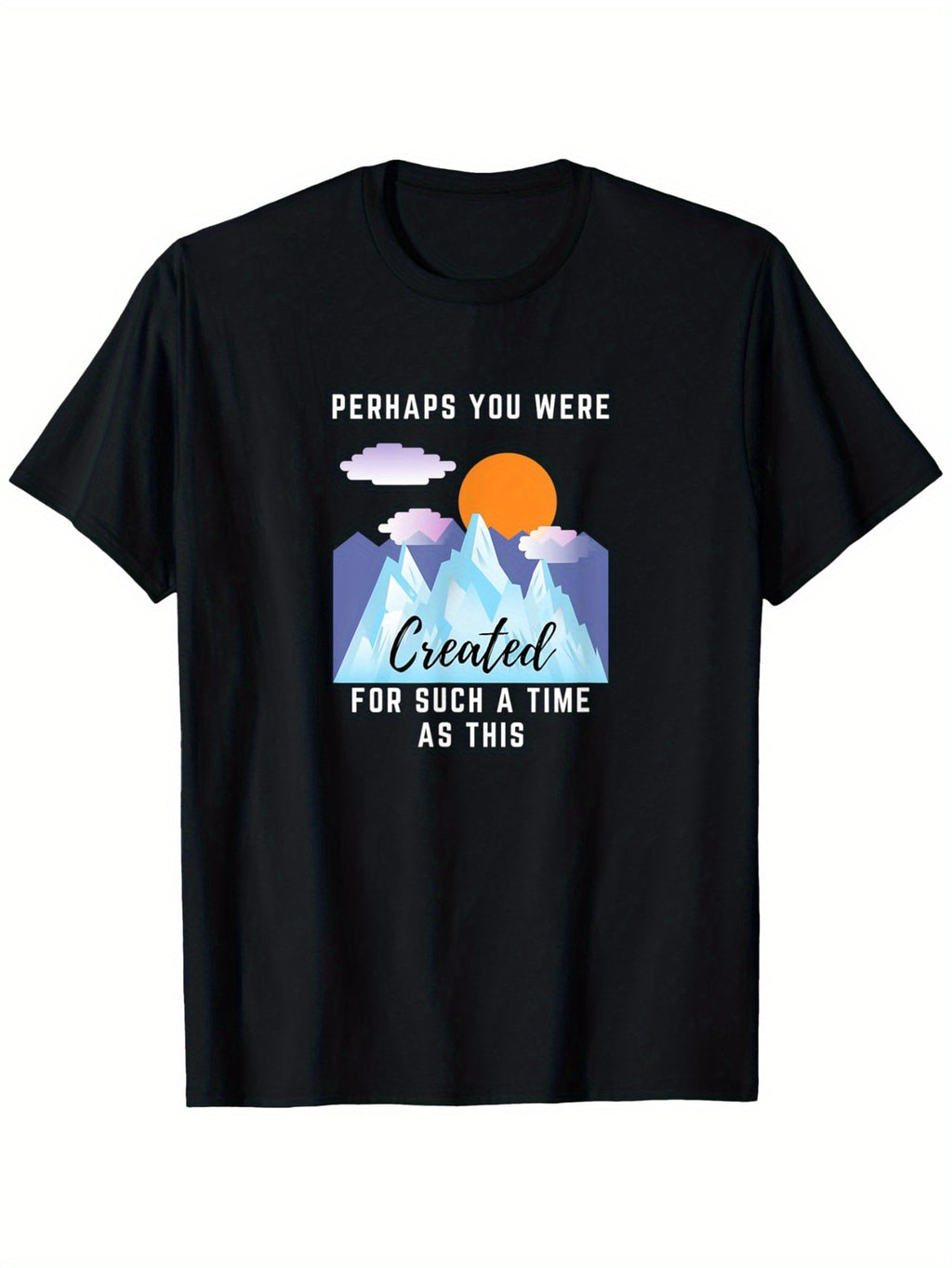 Inspirational 'Created for a Time Like This' Unisex Cotton T-Shirt – Short Sleeve, Crew Neck, Geometric Mountain & Sun Design, All-Season Wear, Sizes S-XXXL, Allseason Apparel | Geometric Print Tee | 100% Cotton Tee