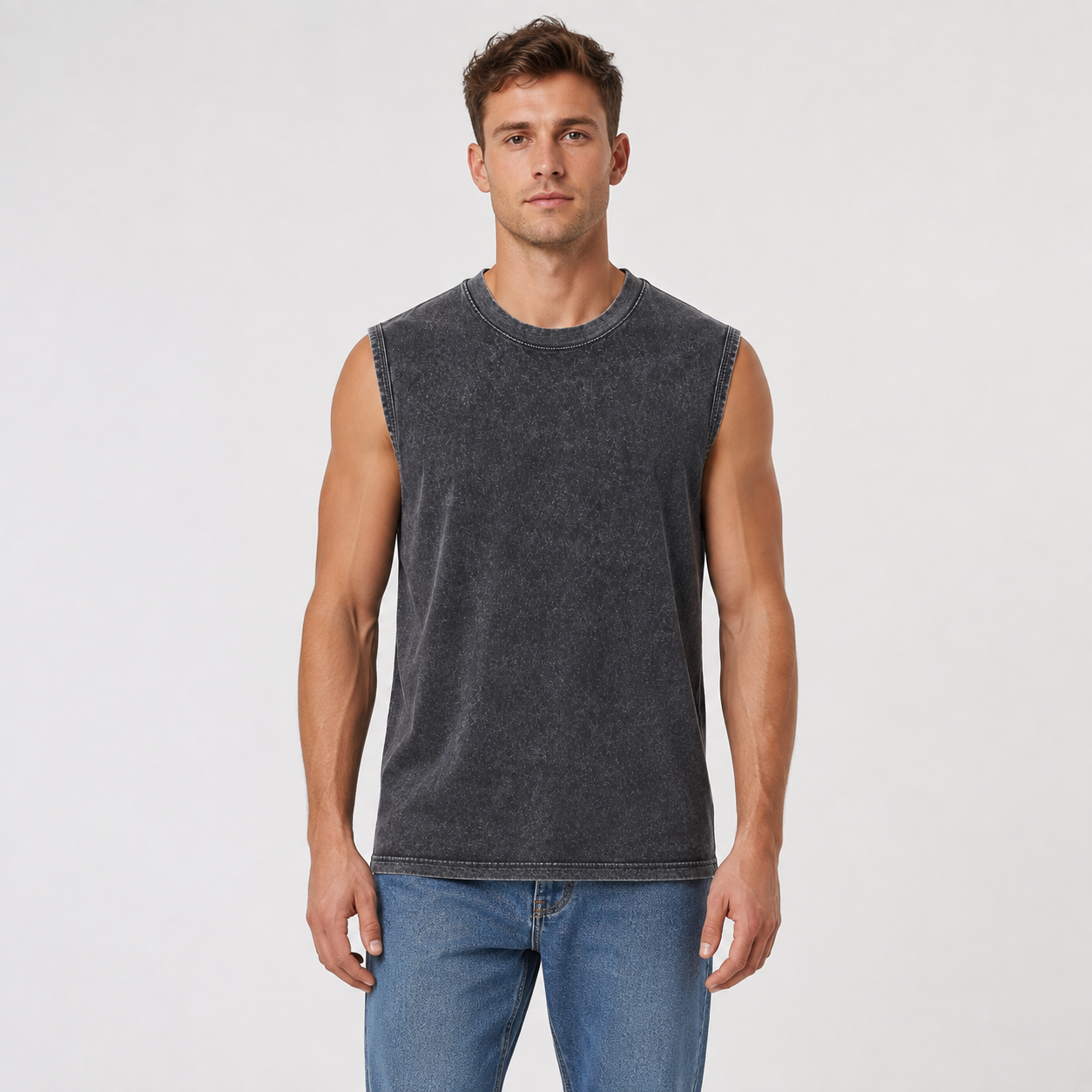 Unisex Washed & Distressed Sleeveless Tank Top – Heavyweight Cotton Vintage-Style Vest – Loose-Fit Versatile Athletic Top