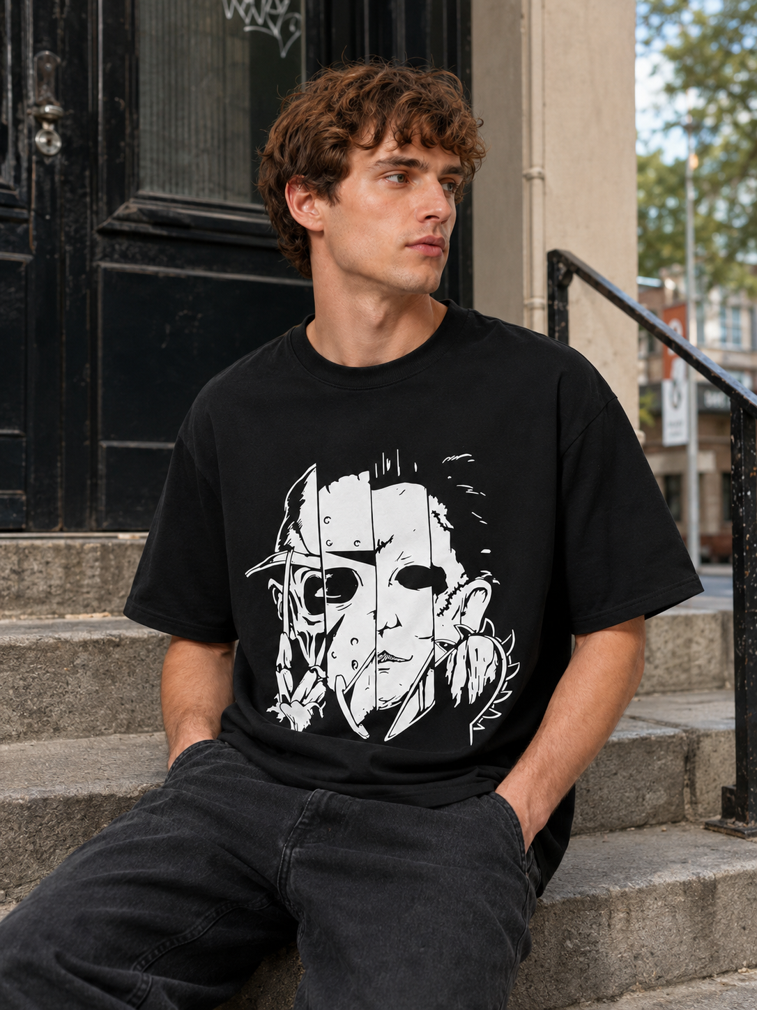 Distressed Black Oversized T-Shirt – Dark Halloween Theme – 100% Cotton – Casual Tee for Horror Movie Fans