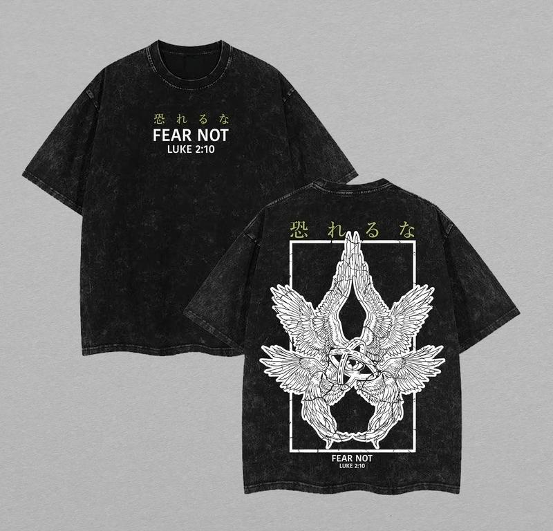 Vintage-Wash Short-Sleeve T-Shirt | FEAR NOT "Angel Prayer" – Double-Sided Religious Scripture Print – Unisex Oversized Fit