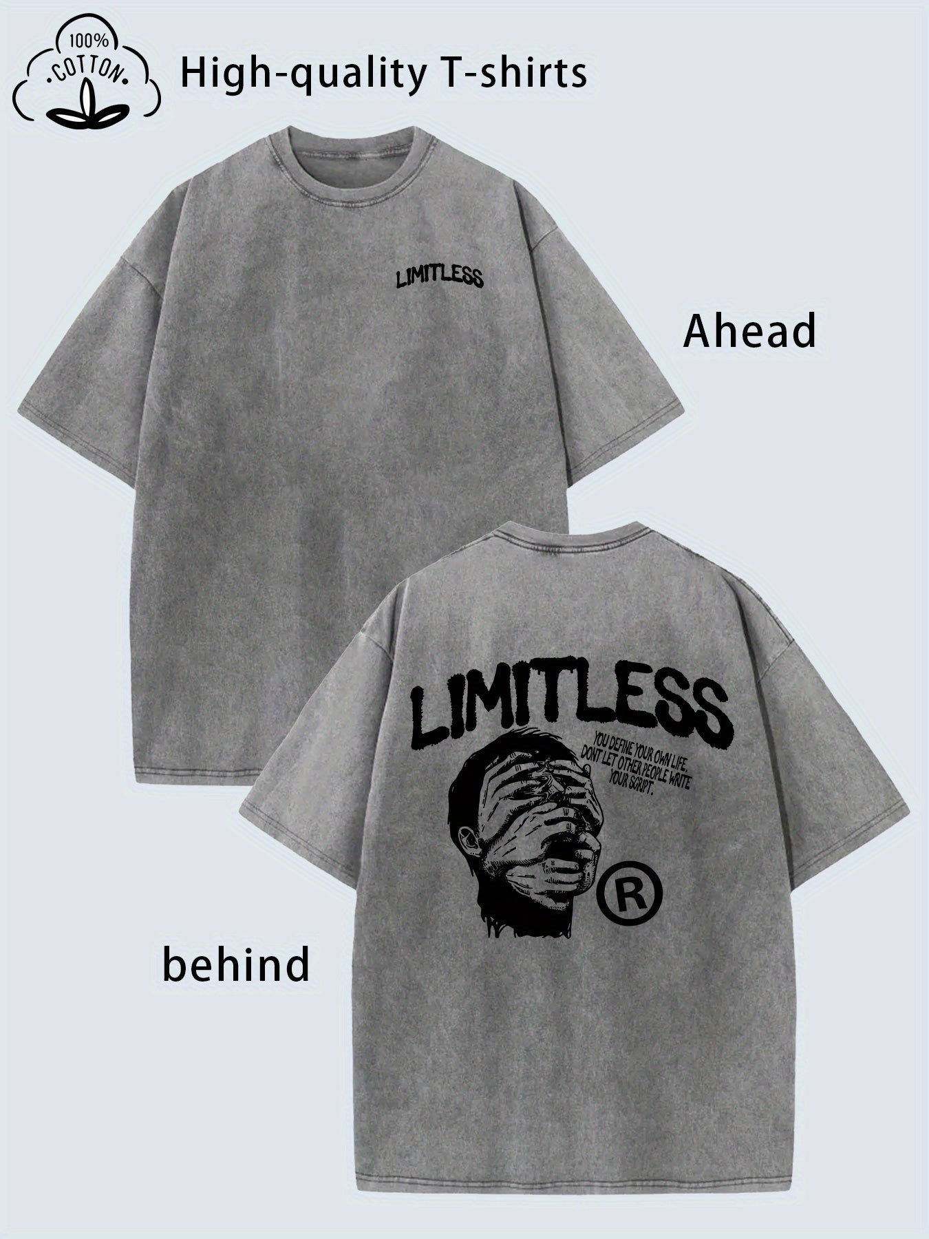 Men'S Vintage Distressed Heavy Washed T-Shirt - Oversized Streetwear Tee with Front & Back Graphic Prints, Soft Breathable Fabric, Round Neck Short Sleeve, All-Season Casual Wear, Retro Oversized Fit for Everyday Comfort (/) - Ideal for Layering & S
