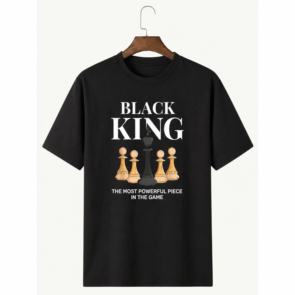 American Streetwear Style "Black King" Theme T-Shirt – Loose-Fit Casual Unisex Tee with Checkerboard & Chess Piece Print
