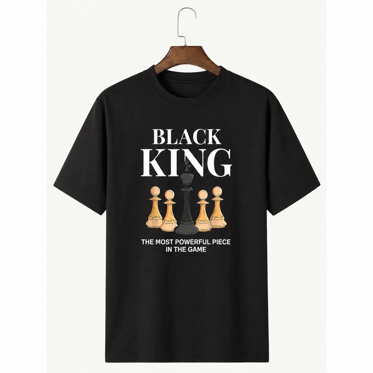 American Streetwear Style "Black King" Theme T-Shirt – Loose-Fit Casual Unisex Tee with Checkerboard & Chess Piece Print
