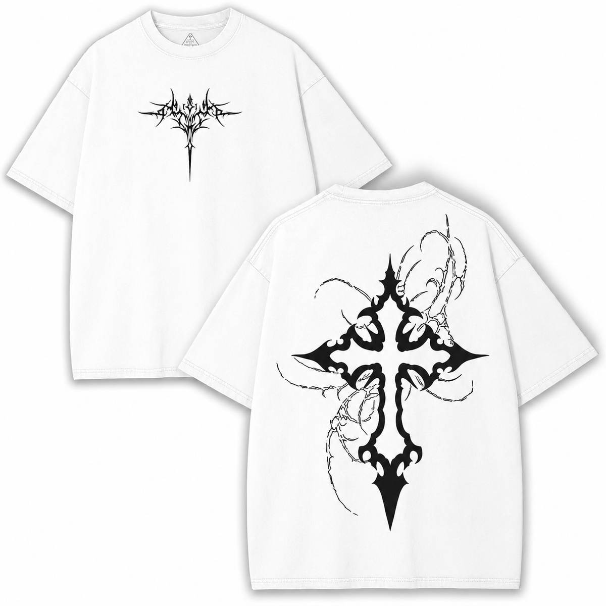 Vintage-Wash Distressed Short-Sleeve T-Shirt | Gothic Thorn Cross Double-Sided Print | Dark Subculture Style | Unisex Oversized Fit