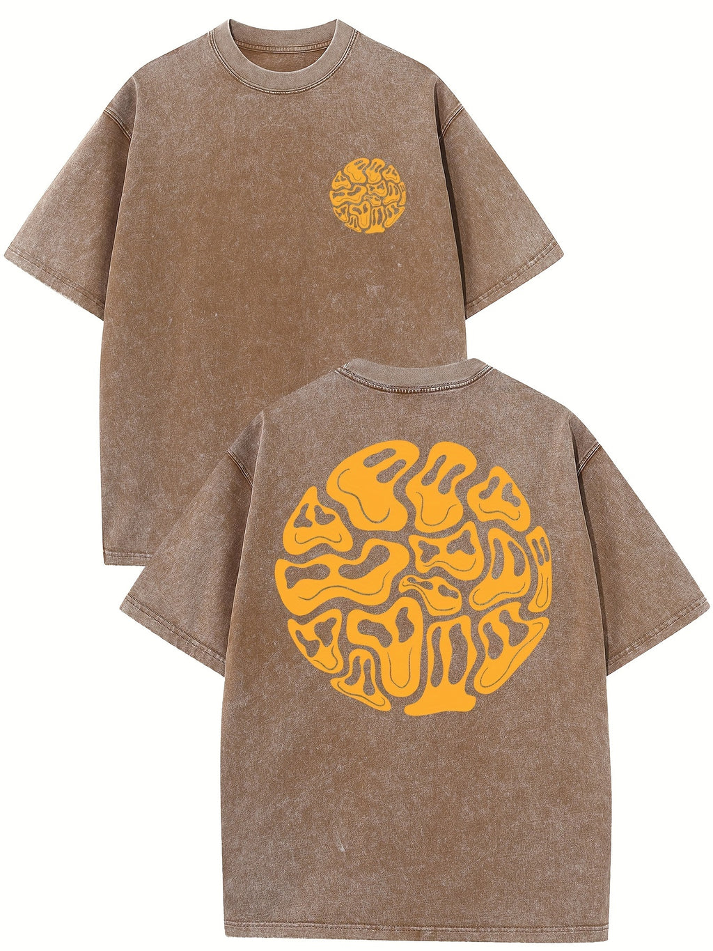 Men's  Style Washed Washed Cotton T-shirt, Unique Orange Abstract Printing, Short Sleeve and Round Neck-Comfortable Summer Casual Wear