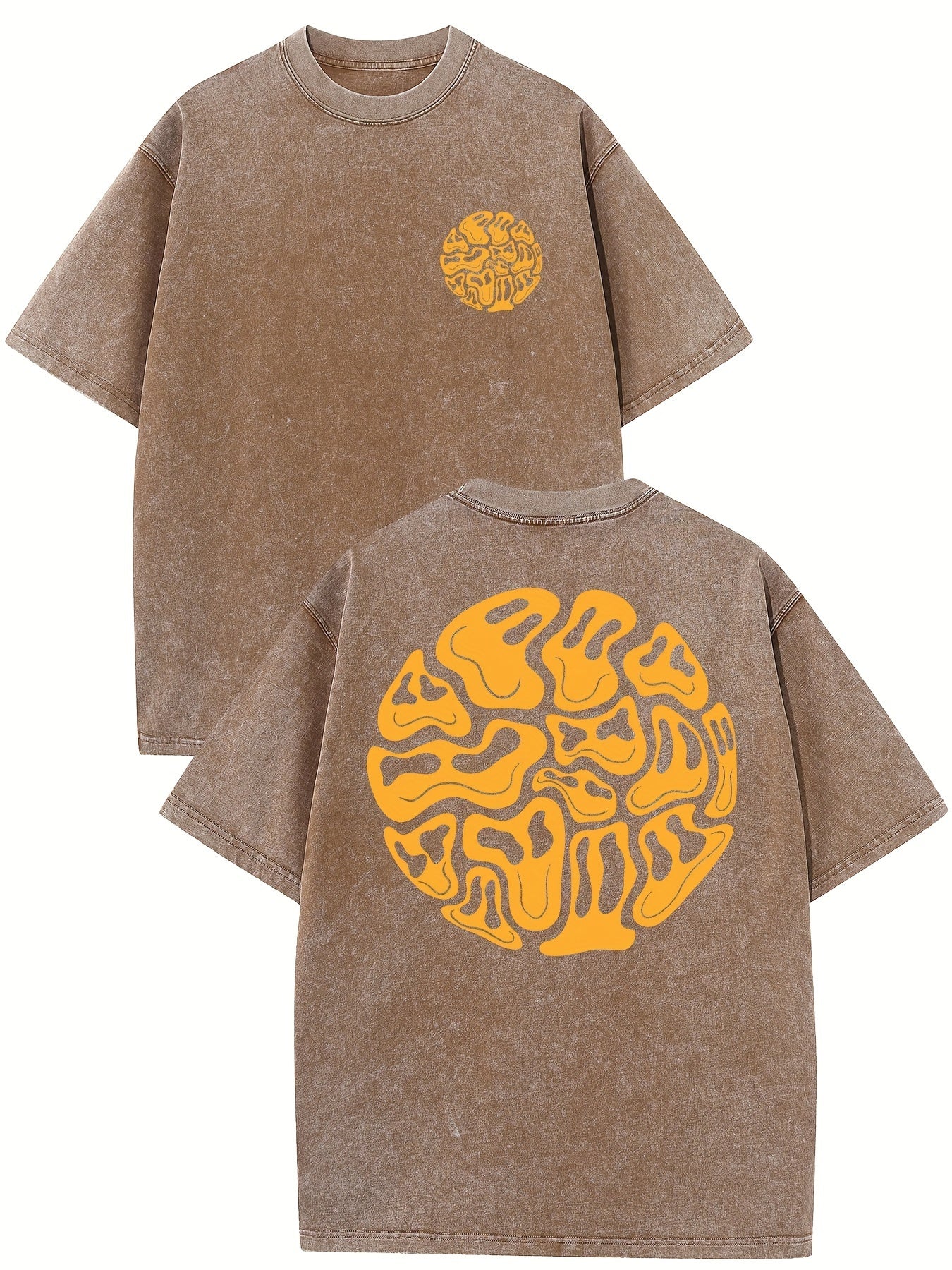 Men's  Style Washed Washed Cotton T-shirt, Unique Orange Abstract Printing, Short Sleeve and Round Neck-Comfortable Summer Casual Wear