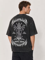 Unisex Vintage-Style Oversized T-Shirt: Heavyweight Acid-Washed Cotton with Gothic Cross & Skull Prints (Front & Back) – Dark Religious Aesthetic