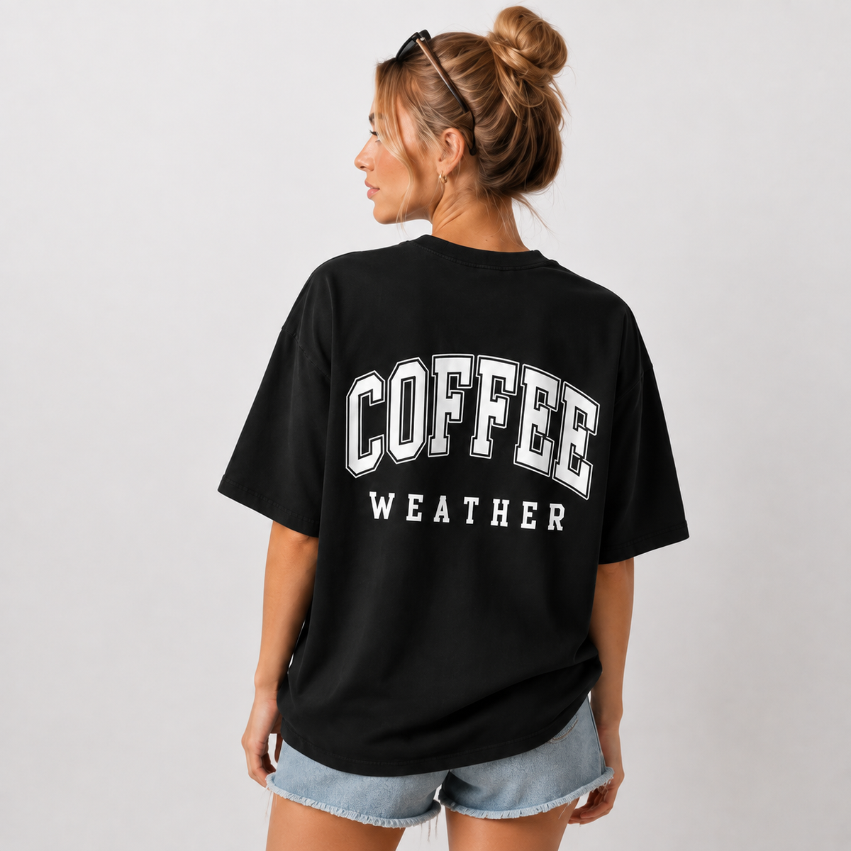 Women's Oversized Preppy-Style Short-Sleeve Cotton T-Shirt – Coffee-Themed, Washed/Distressed Finish, Double-Sided Lettering