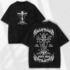 Unisex Vintage-Style Oversized T-Shirt: Heavyweight Acid-Washed Cotton with Gothic Cross & Skull Prints (Front & Back) – Dark Religious Aesthetic