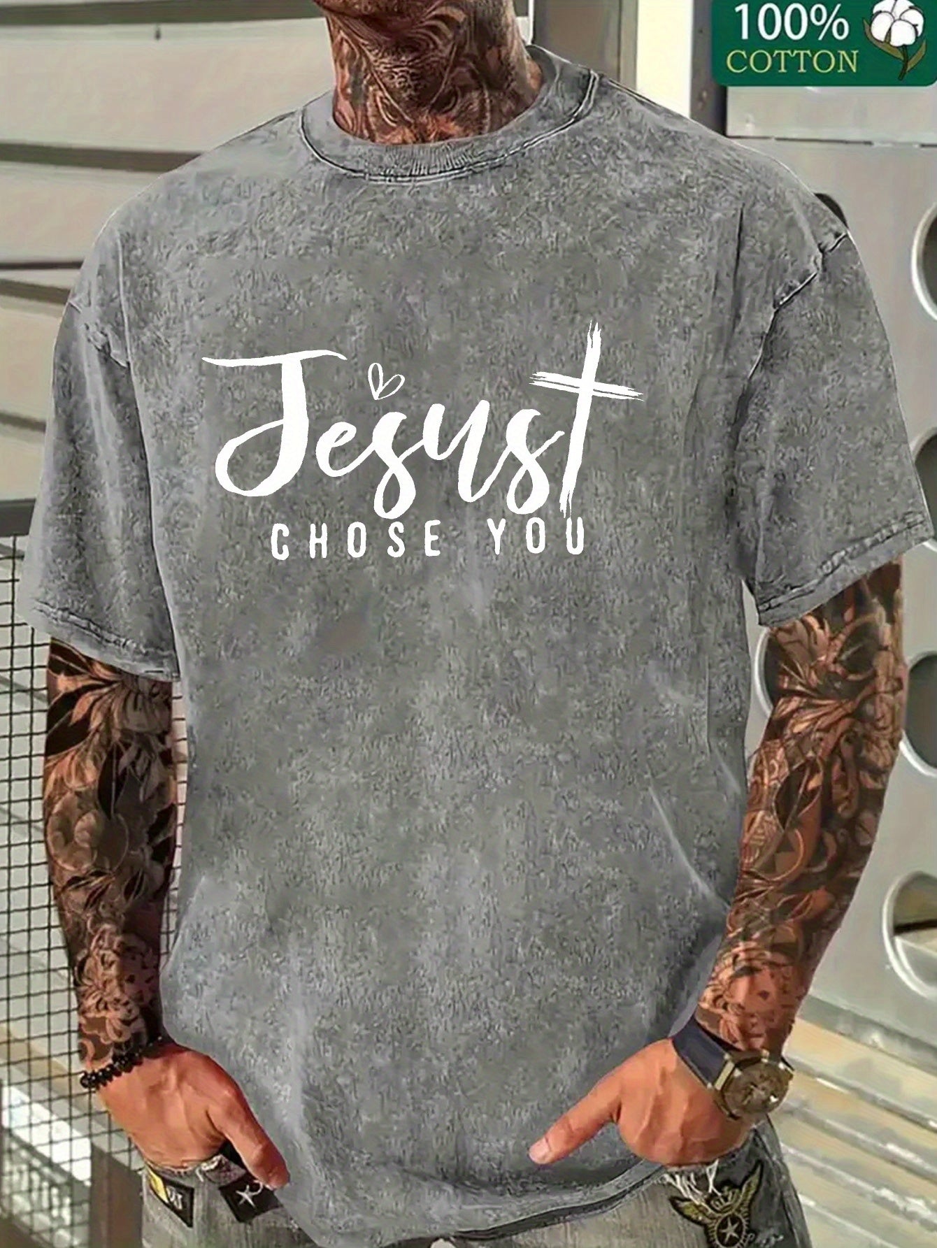 Men'S Oversized Black Washed T-Shirt with " Chose You" Cursive Lettering - Soft Loose Fit Casual Christian Graphic Tee for Casual Attire, All-Season & Easy Care Round Neck Design