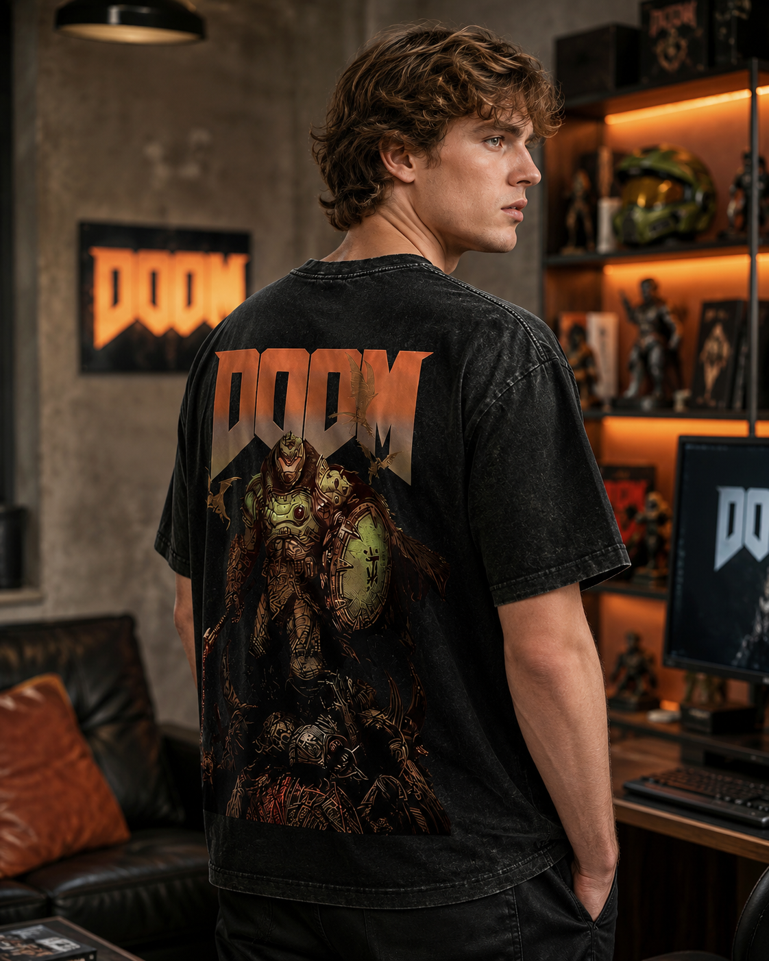 American-style acid-washed distressed DOOM game print short-sleeved T-shirt, heavyweight retro wash, oversized, loose fit, unisex.
