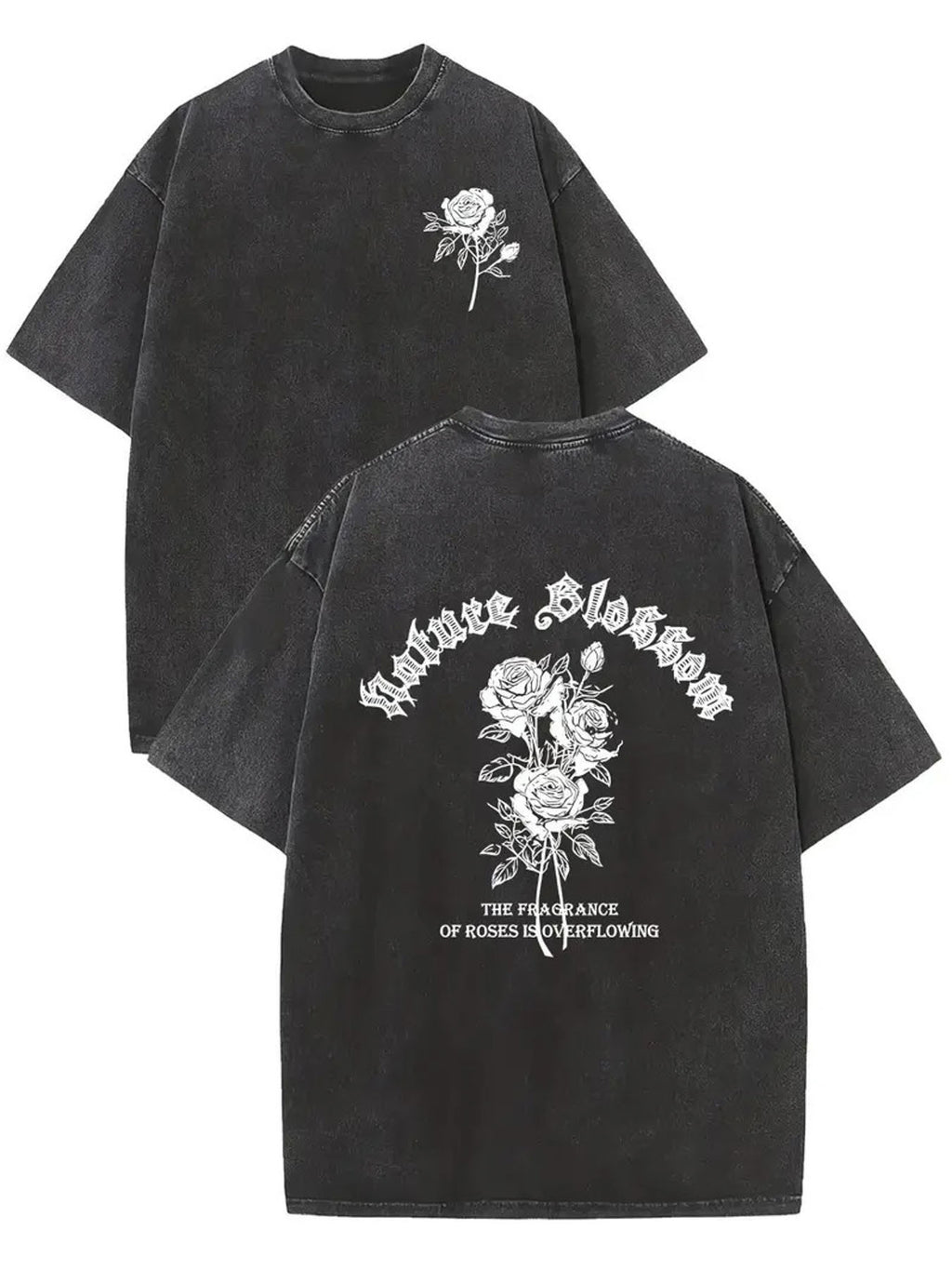 Men'S Vintage Washed T-Shirt - Double-Sided Soft Textured Crew Neck, Retro Street Style with Rose Print & "Love Goes On" Lyric Back Design, All-Season Casual Wear, Perfect Gift for Men, Soft Breathable Fabric, Regular Fit (Machine Washable) - Ideal