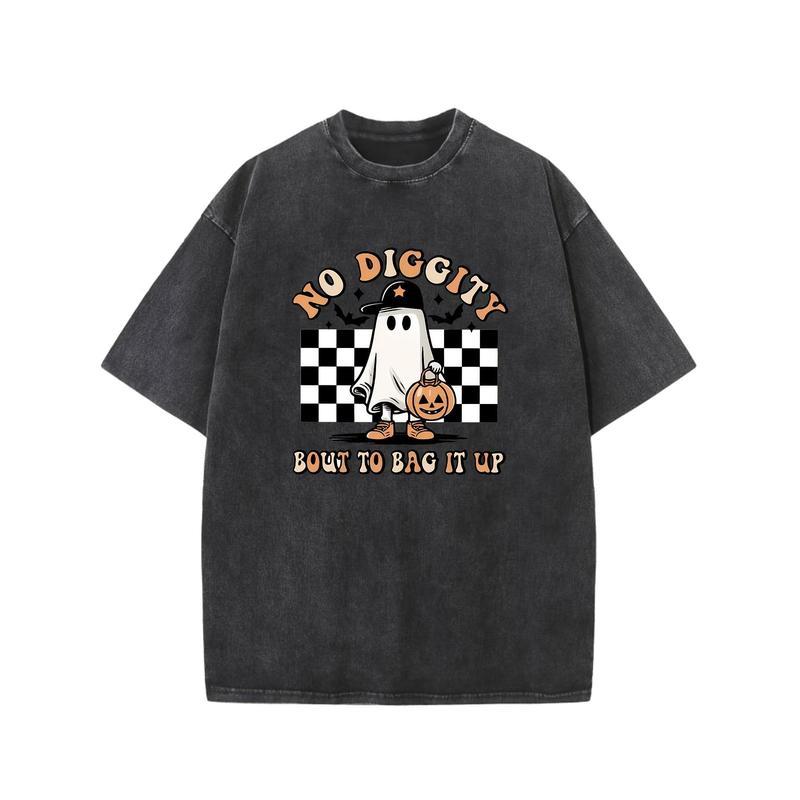 Holafish Halloween Theme Pattern Print Vintage Acid Washed Cotton T-shirt For Men, Suitable For Summer