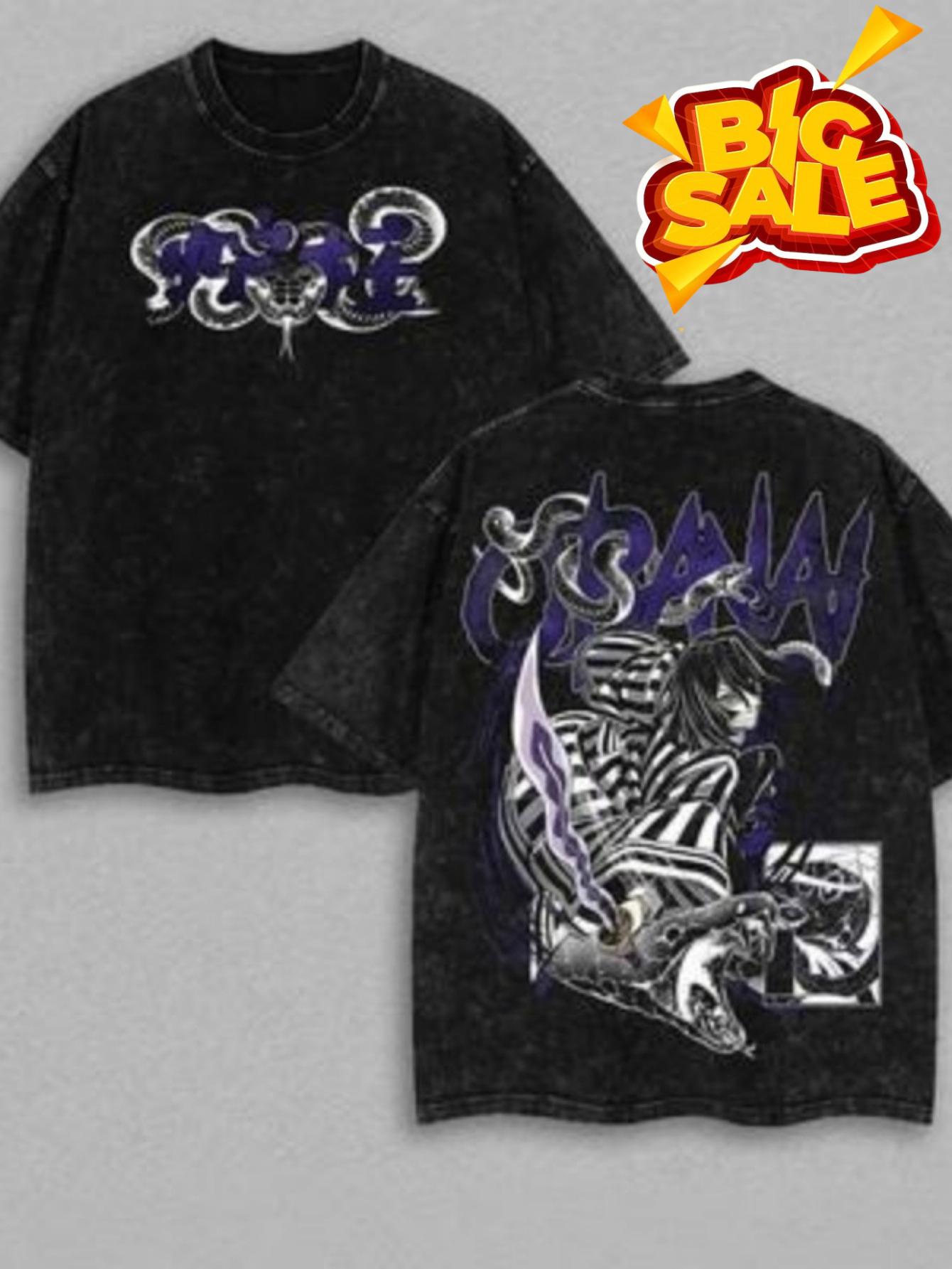 Men's Vintage Anime T-Shirt - Double-Sided Snake & Japanese Manga Print, Washed Streetwear, Summer Convention Gift