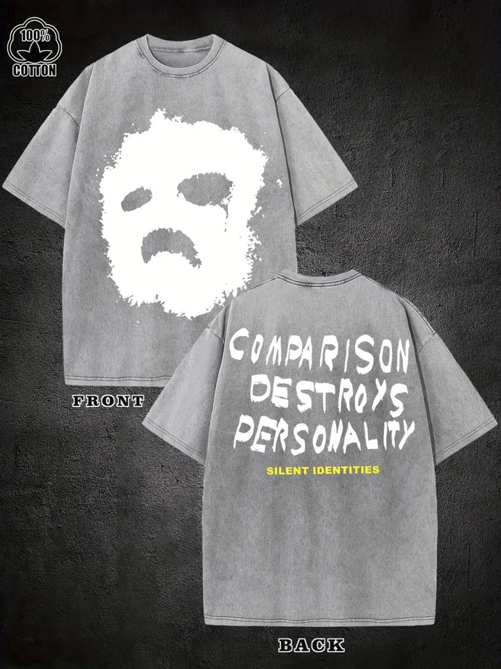 1pc Men'S 230g Heavyweight Vintage Washed Streetwear T-Shirt with Bold "Compare Destroy " Graphic Print, Double-Sided Retro Design, Regular Fit Crew Neck, All-Season Casual Wear, Machine Washable, Edgy Statement Tee for Everyday & Holiday Gifts (/)