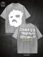 1pc Men'S 230g Heavyweight Vintage Washed Streetwear T-Shirt with Bold "Compare Destroy " Graphic Print, Double-Sided Retro Design, Regular Fit Crew Neck, All-Season Casual Wear, Machine Washable, Edgy Statement Tee for Everyday & Holiday Gifts (/)