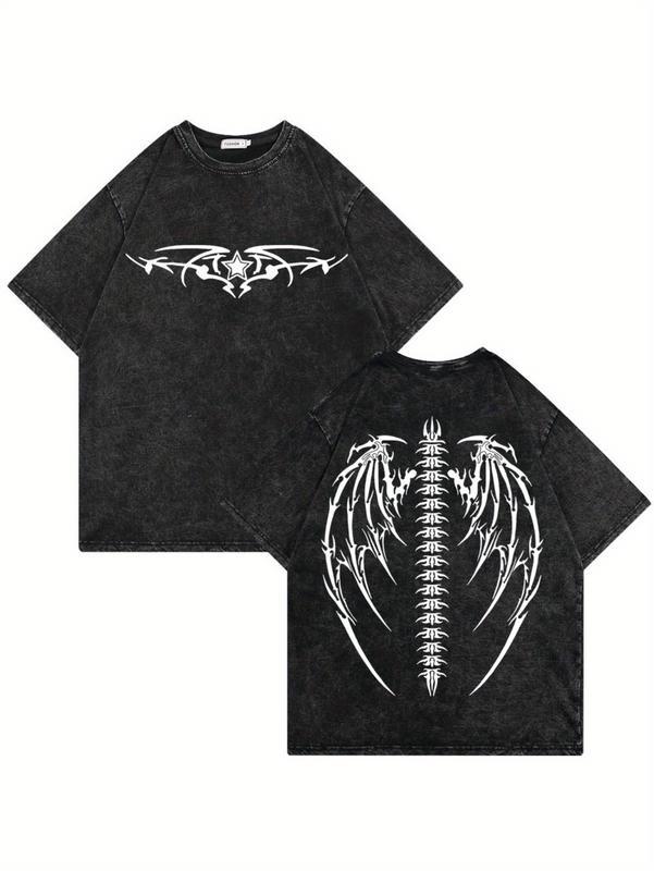 Couples Vintage Washed Printed T Shirt with Tribal Dragon Wings Pattern White Graphic Design Round Neck Short Sleeve Oversized Fit Relaxed Hem Style Unisex Top