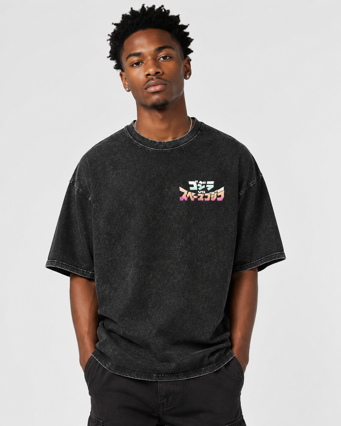 American-style acid-washed distressed Godzilla Space Godzilla print short-sleeved T-shirt, heavy-duty wash, oversized, retro monster movie style, unisex.