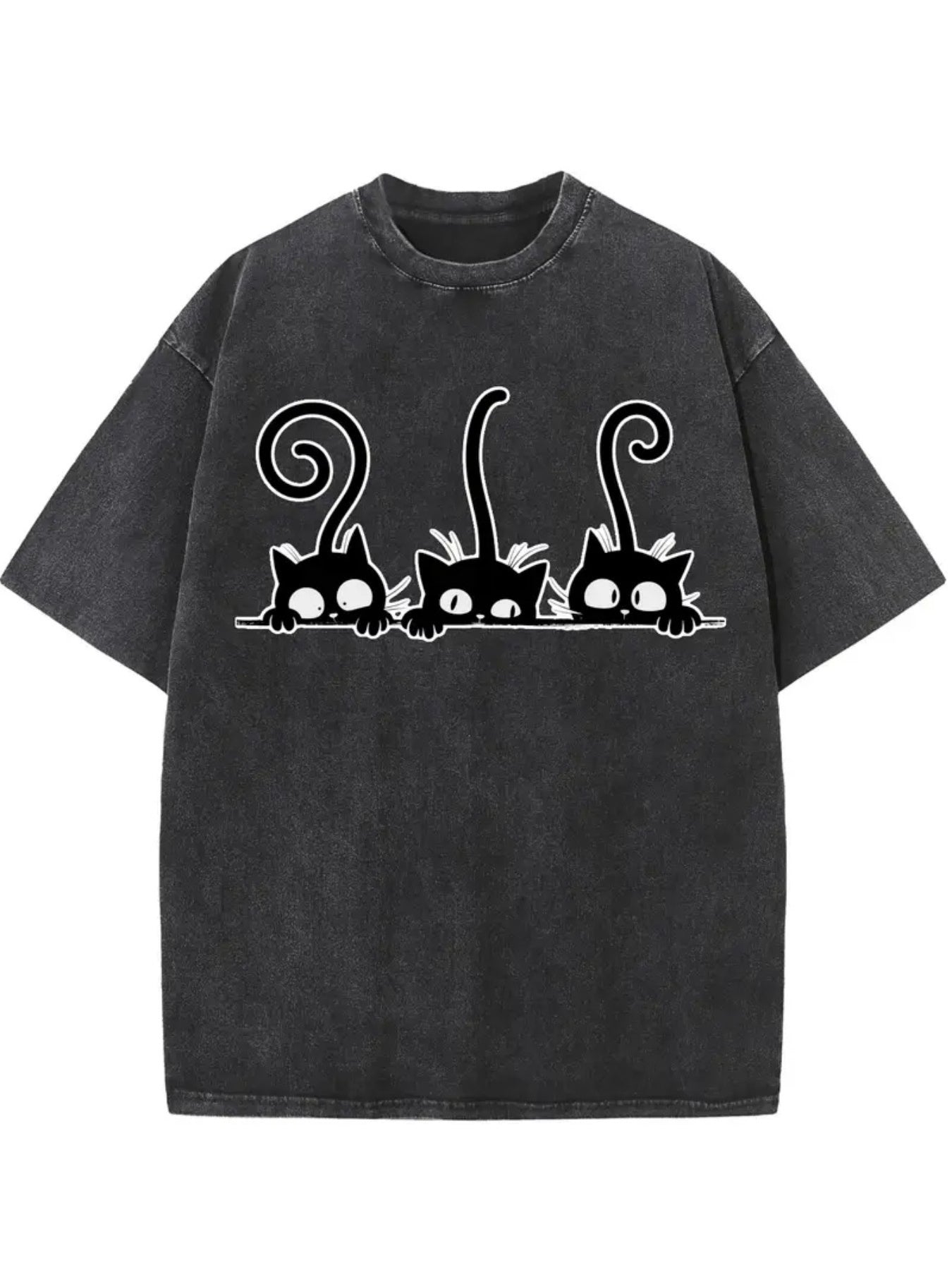 Men's 230g Heavyweight Vintage Washed T-Shirt - Beige with Black Cat & Bat Print, Loose Fit Short Sleeve Round Neck, Cute Bat suitable for halloween & spring/summer Layering, Machine Washable Casual Shirt for Year-Round Wear (Cat & Bat Design)