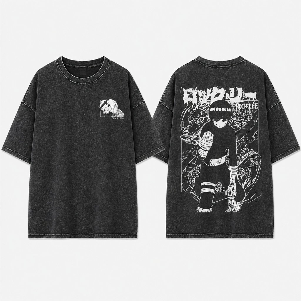 Heavyweight Unisex Vintage-Wash Loose-Fit T-Shirt with "Naruto" Rock Lee Anime Graphic