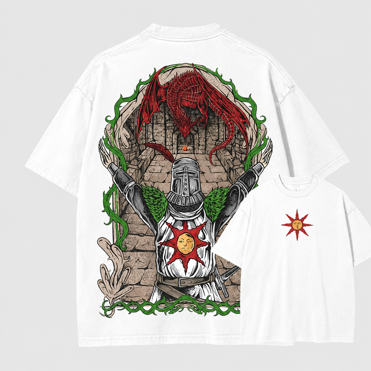 Dark Souls Sun Knight Washed Distressed T-Shirt, American Retro Game Peripheral, Oversized Loose Couple Short-Sleeve Shirt