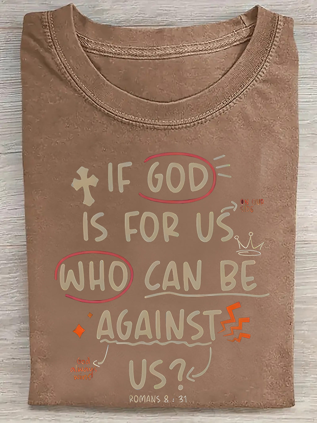 Men's Heavy Washed Christian T-Shirt with Romans 8:31 Verse - Soft Brown Distressed Short Sleeve, Loose Fit Breathable Fabric Suitable for Gym, Travel, Church & Daily Wear - All-Season Faith-Based Gift for Men