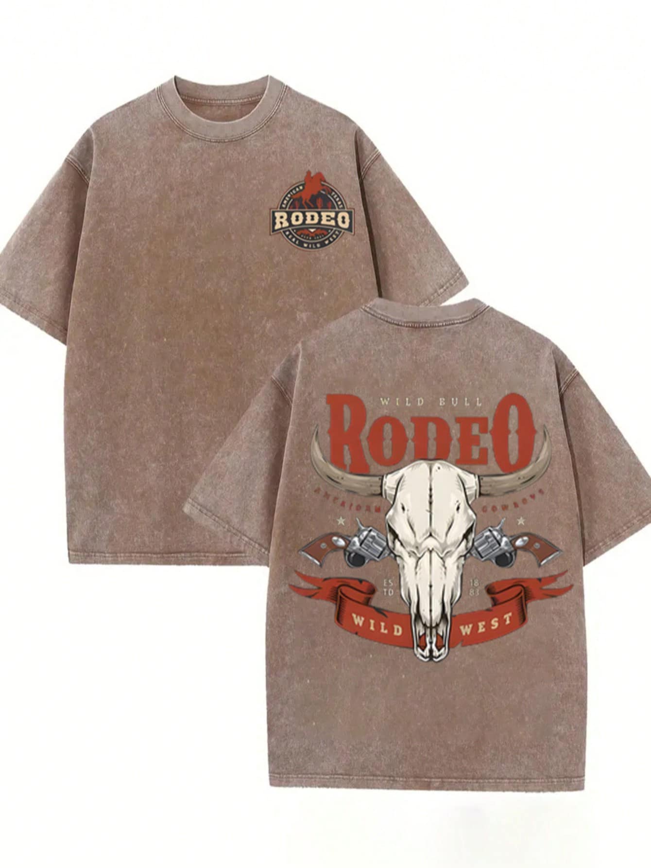 Men'S Western Cowboy Rodeo Graphic T-Shirt - Heavyweight 230gsm Washed Retro Cowboy Print with Bull Skull & Rodeo Design