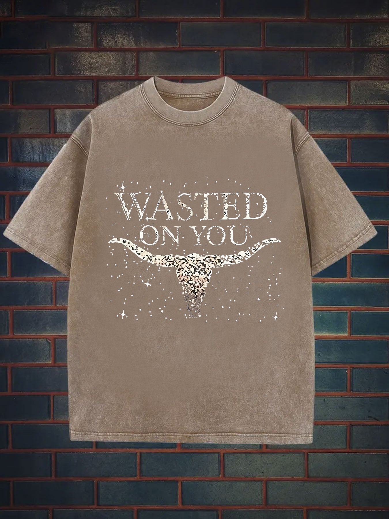 Men'S 230g Heavyweight Washed T-Shirt with Skull & Horns Graphic Print, Loose Fit Streetwear Style, Lavender Glitter Accent - Western Cowboy Design, All-Season Casual Outdoor & Casual Attire, Ideal Gift for Men (Durable 230gsm Fabric)
