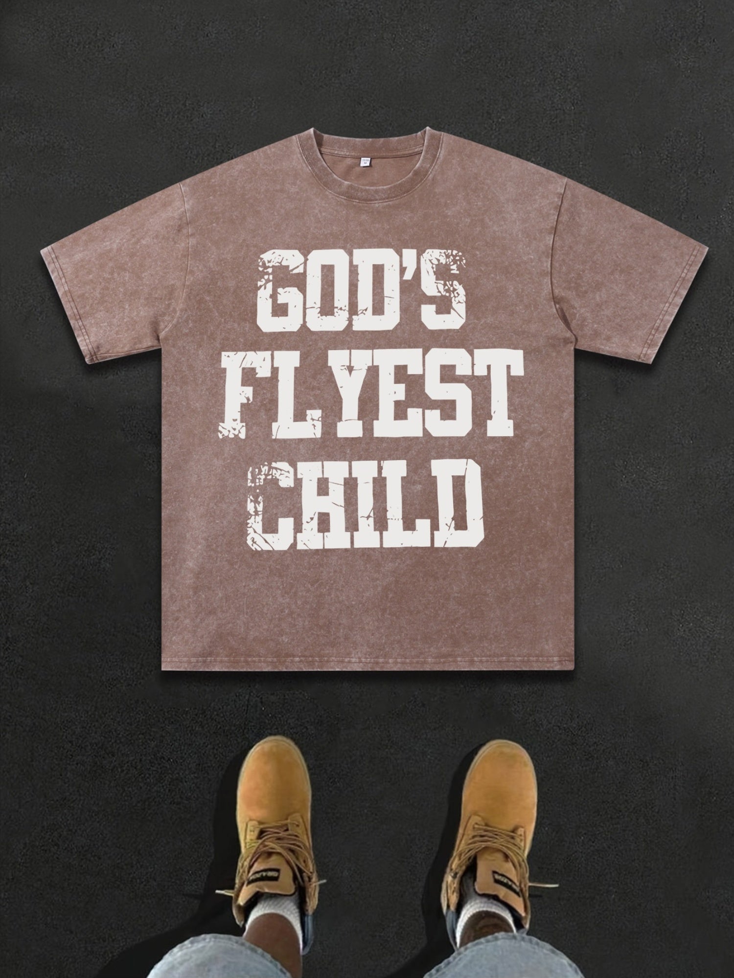 Men'S Vintage Washed T-Shirt with "GOD'S Fliest " Text Print - Soft Elastic Fabric, Loose Fit Casual Round Neck, All-Season Comfort, Brown/, Christian Faith Apparel for Casual Attire & Outdoor Activities - Breathable & Durable Wax-Dye Craftsmanship