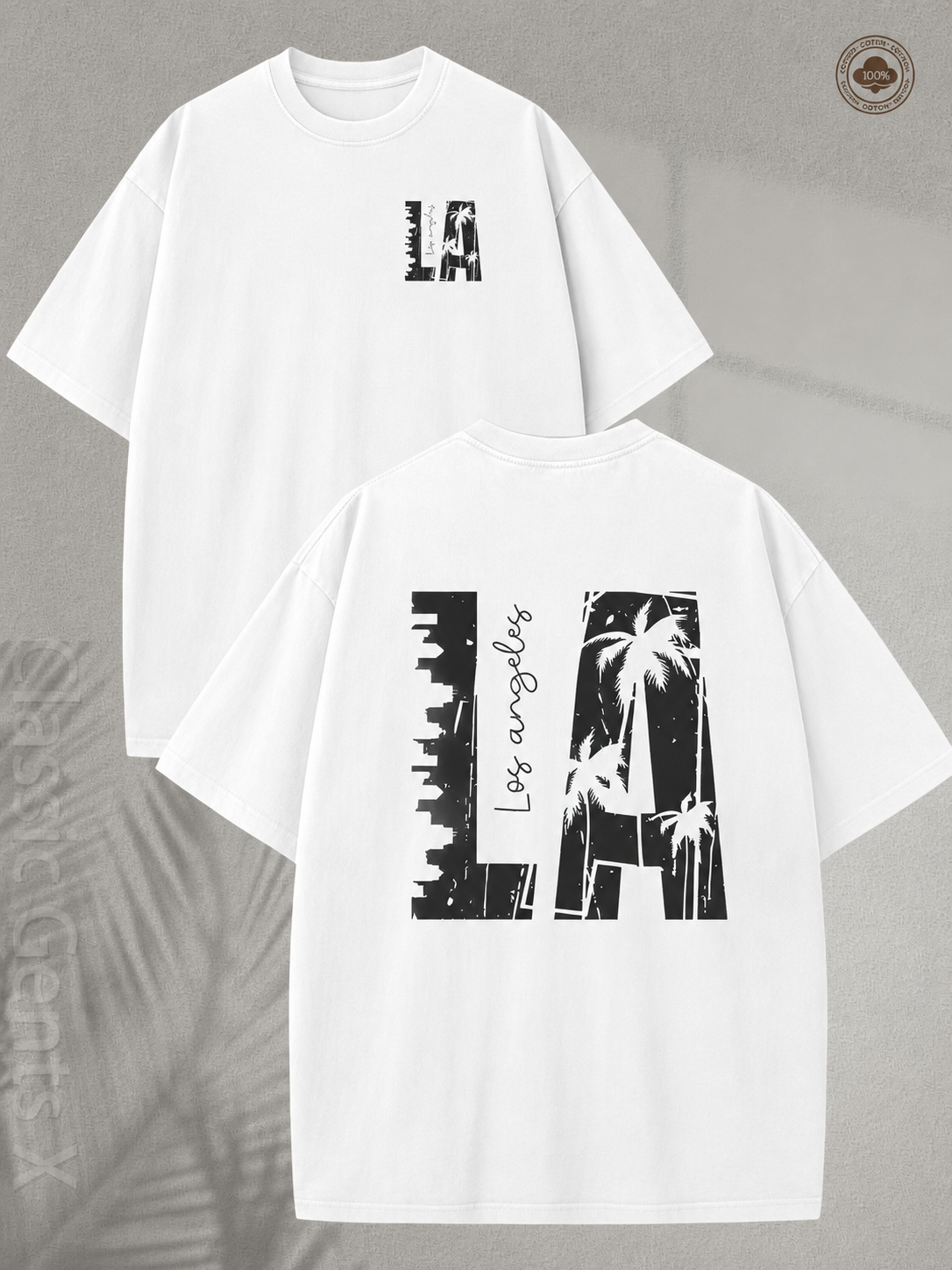 American-style vintage washed black T-shirt featuring a double-sided print of the Los Angeles skyline and palm trees; a high-street style, loose, oversized short-sleeve tee for men and women.