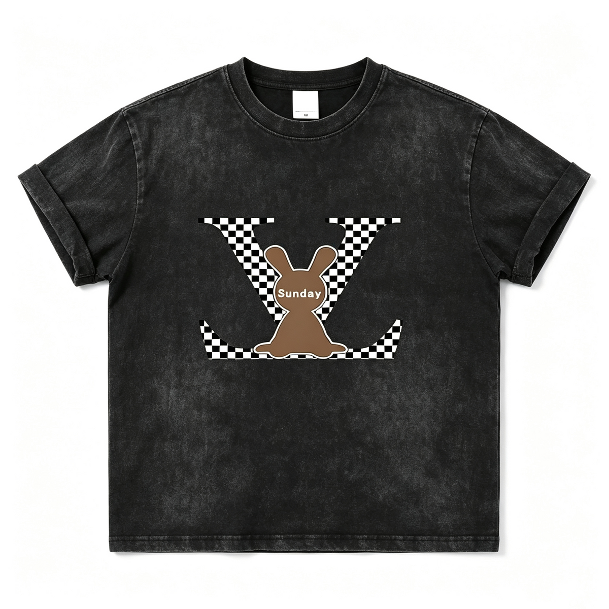 Women's cropped short-sleeve T-shirt with a vintage washed finish, featuring a checkerboard rabbit and "Sunday" letter print—a sweet-yet-edgy crew-neck top.