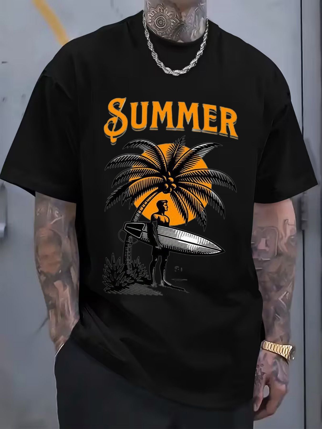 Men's Cotton T-Shirt, Summer 'SUMMER' Printed with Palm Tree Sun Graphic, Surfboard Design, Casual Short Sleeve Crew Neck Tshirt, Perfect for Daily Wear Outdoor Activities