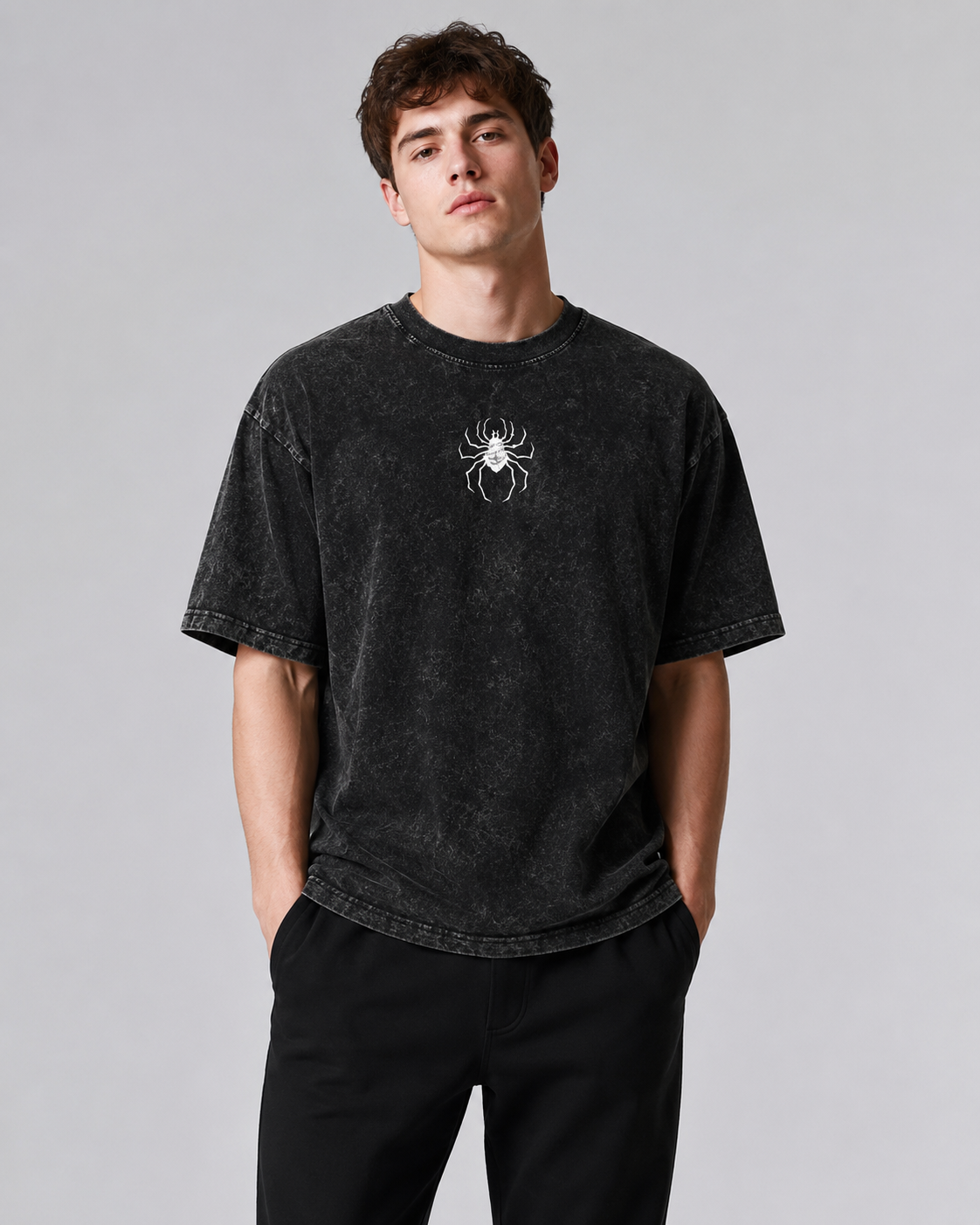Vintage-Wash Short-Sleeve T-Shirt | Dark Subculture Graphic (Spider, Chains, Hands, Cross) — Double-Sided Print — Unisex Oversized Fit