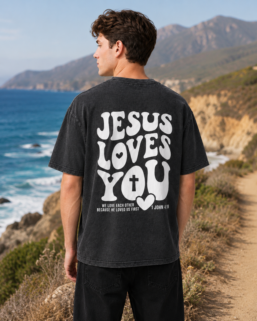 Jesus Loves You Cross Double-sided Print Washed Distressed Short-Sleeve T-Shirt, American Heavyweight Pure Cotton Oversized Christian Retro Casual Unisex T-Shirt