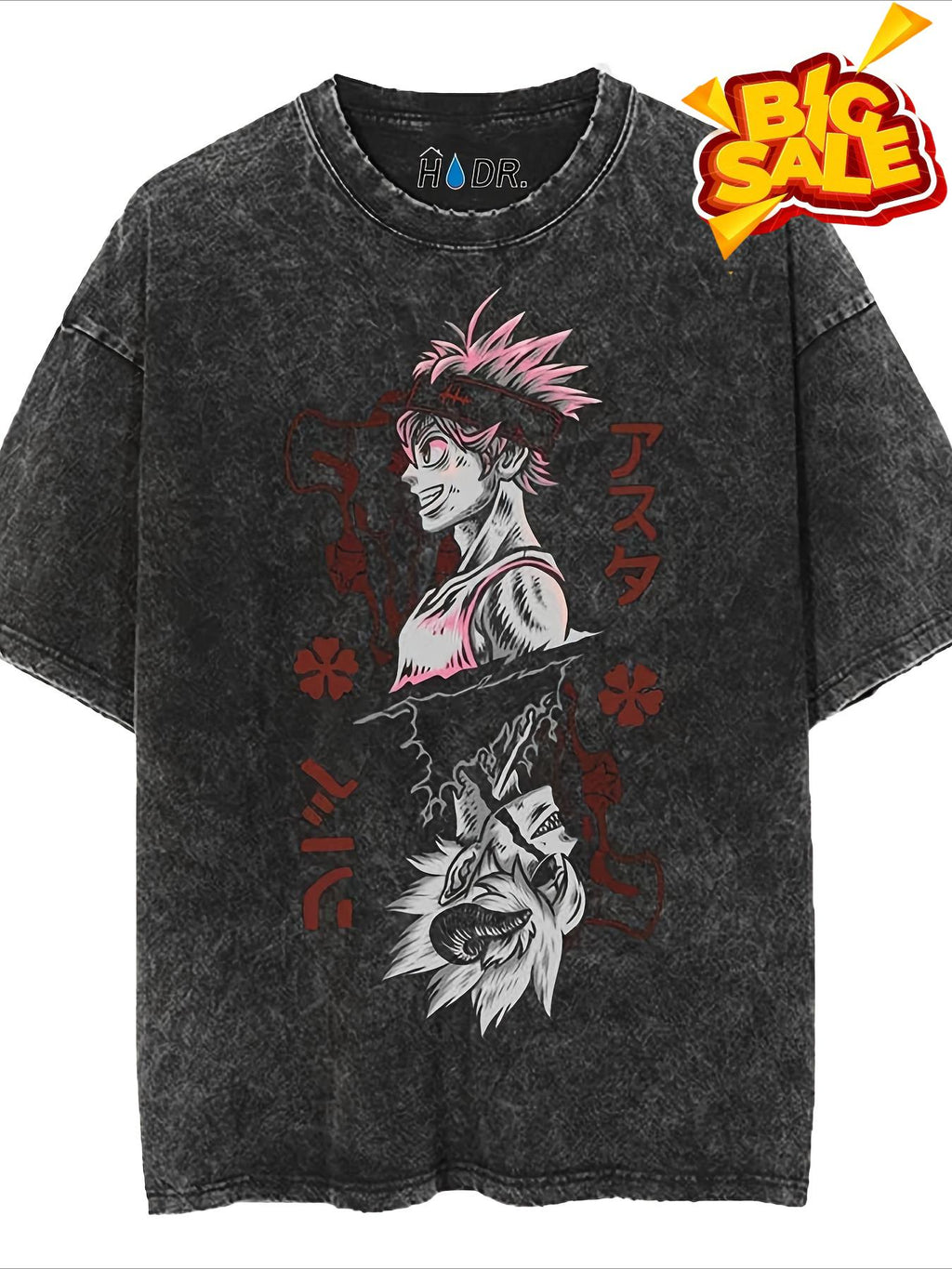 Men's Retro Washed T-Shirt - Loose Fit Anime Design with Pink/Red Floral Accents, 230g Cotton Streetwear